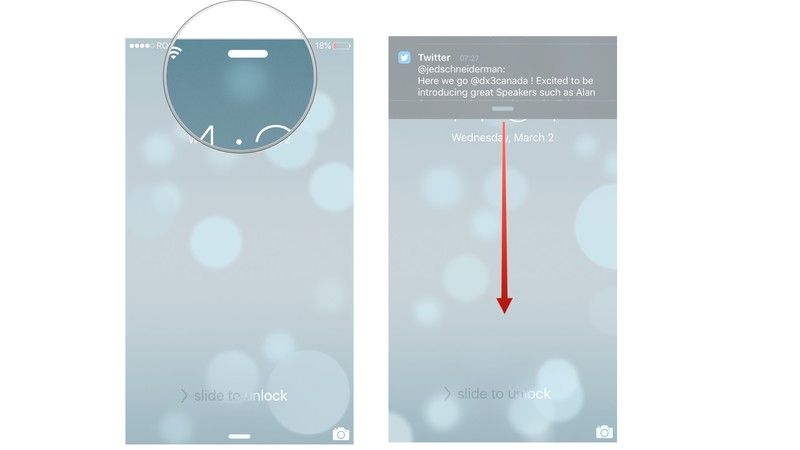 поместите палец вверху экрана и перетащите вниз