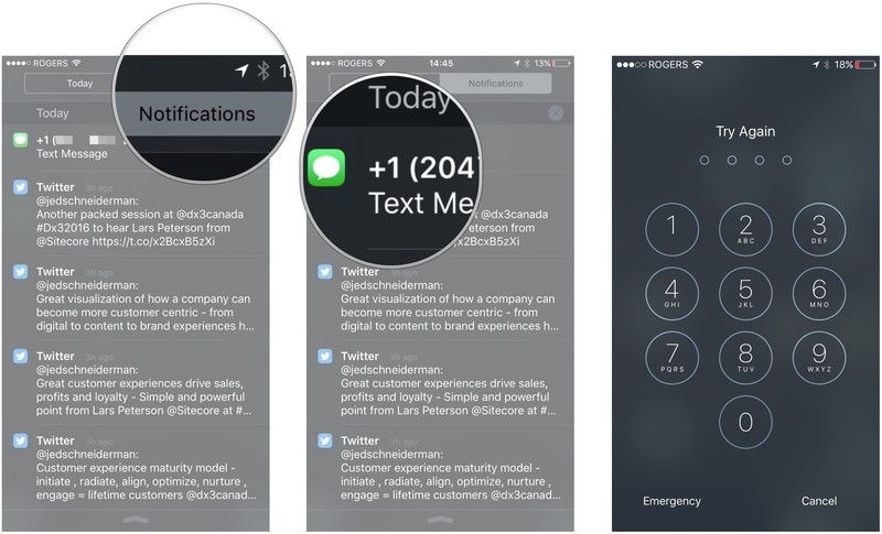нажмите на уведомления, нажмите на уведомление, на которое вы хотите ответить, введите код разблокировки