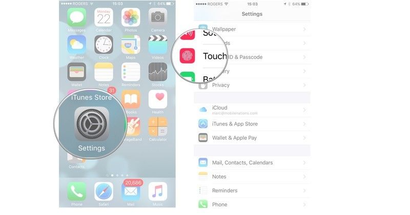 нажмите настройки, затем нажмите touch id и пароль