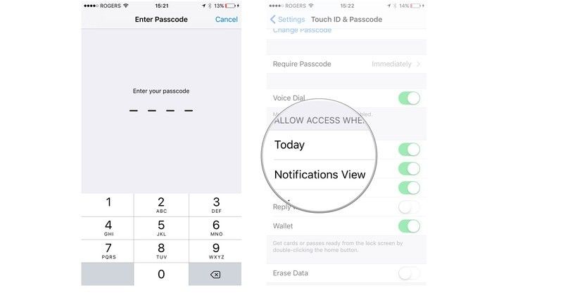 введите пароль, затем отключите сегодня и просмотр уведомлений