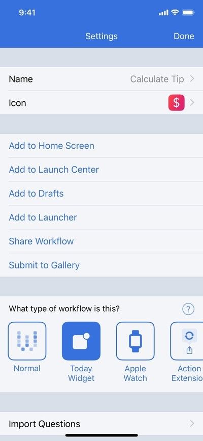 Изюминка индивидуального рабочего процесса's setting screen showing to tap on Share Workflow