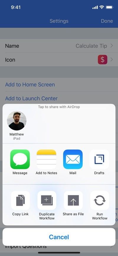 Выделение меню общего доступа, показывающее, что нужно нажать «Отправить как файл», чтобы создать файл .wflow