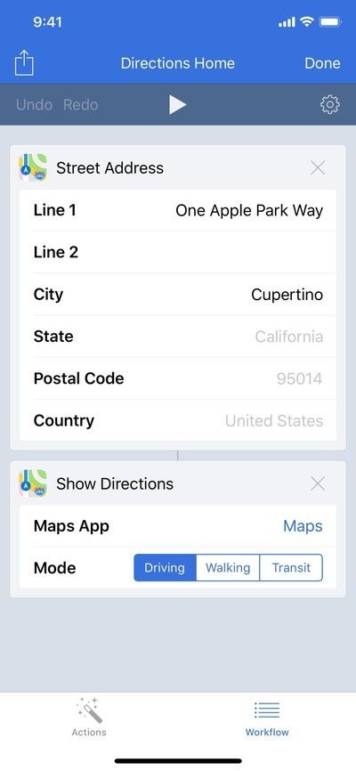 Предварительный просмотр рабочего процесса с заполненными вопросами импорта, заполненными в действии «Улица»