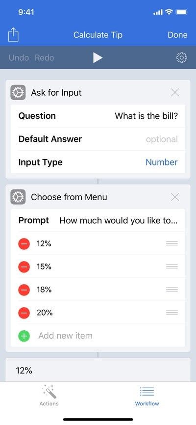Снимок экрана рабочего процесса, показывающий выноски для кнопки «Поделиться» и кнопки «Настройки» в версии рабочего процесса для iPhone