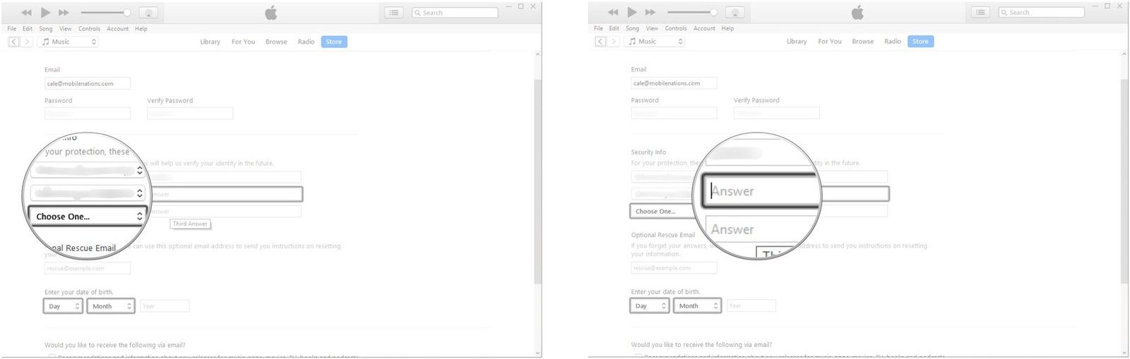Выберите секретный вопрос и введите ответ.