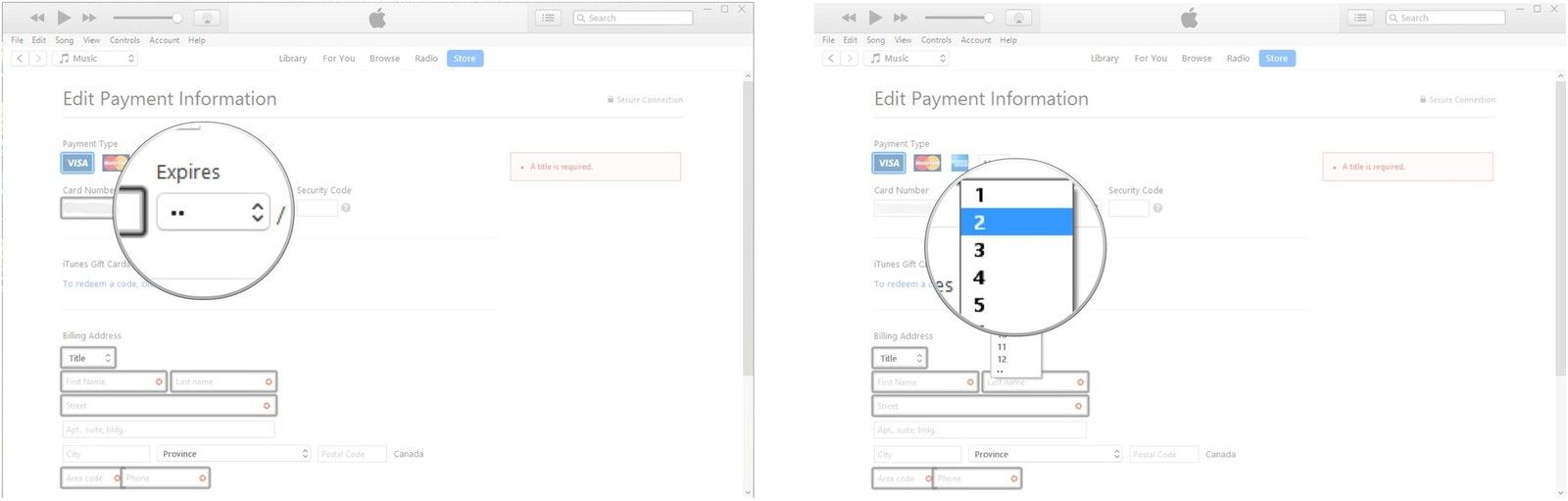 Нажмите на стрелку раскрывающегося списка. Нажмите месяц истечения.