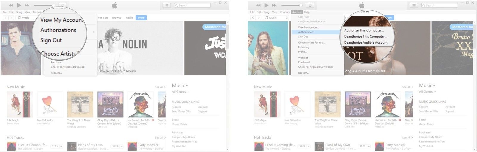 Нажмите Авторизации. Нажмите Деавторизовать этот компьютер.