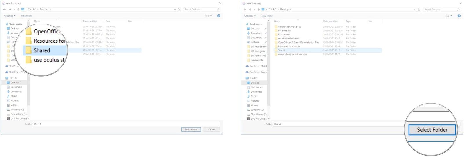 Нажмите на файл или папку. Нажмите Выбрать папку.