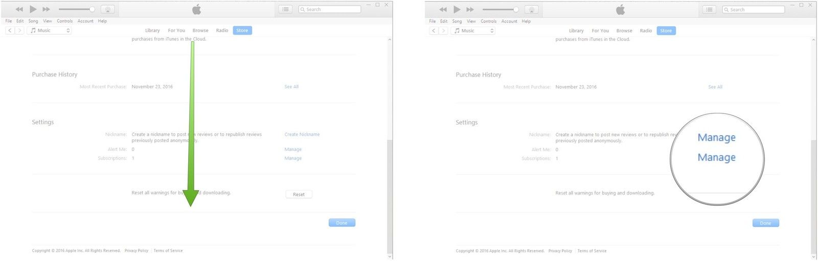 Прокрутить вниз. Нажмите «Управление» рядом с «Подписки».