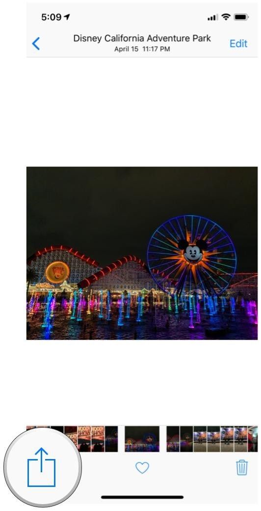 Выберите изображение в Фото и затем нажмите «Поделиться» Выберите изображение в Фото и затем нажмите «Поделиться»