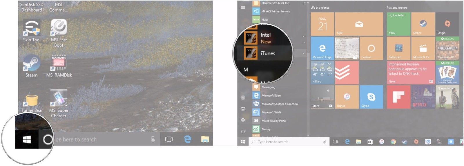 Слайк меню Пуск, нажмите папку iTunes
