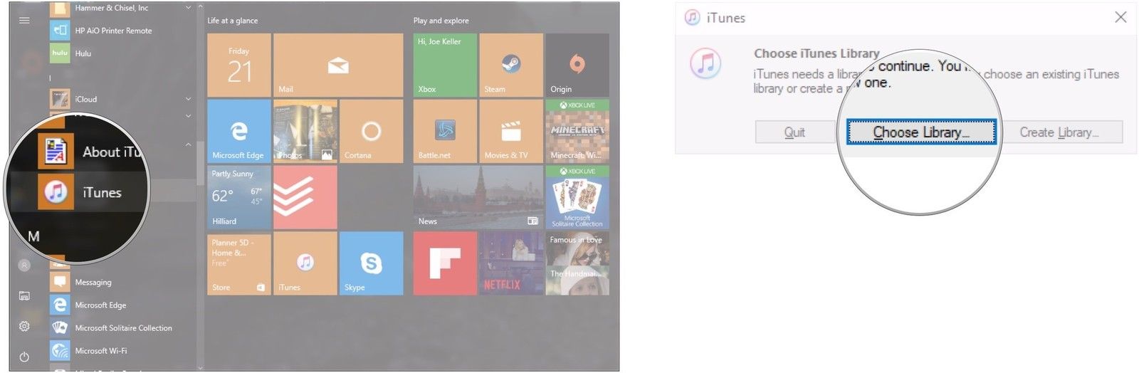 Нажмите iTunes, нажмите «Выбрать библиотеку»