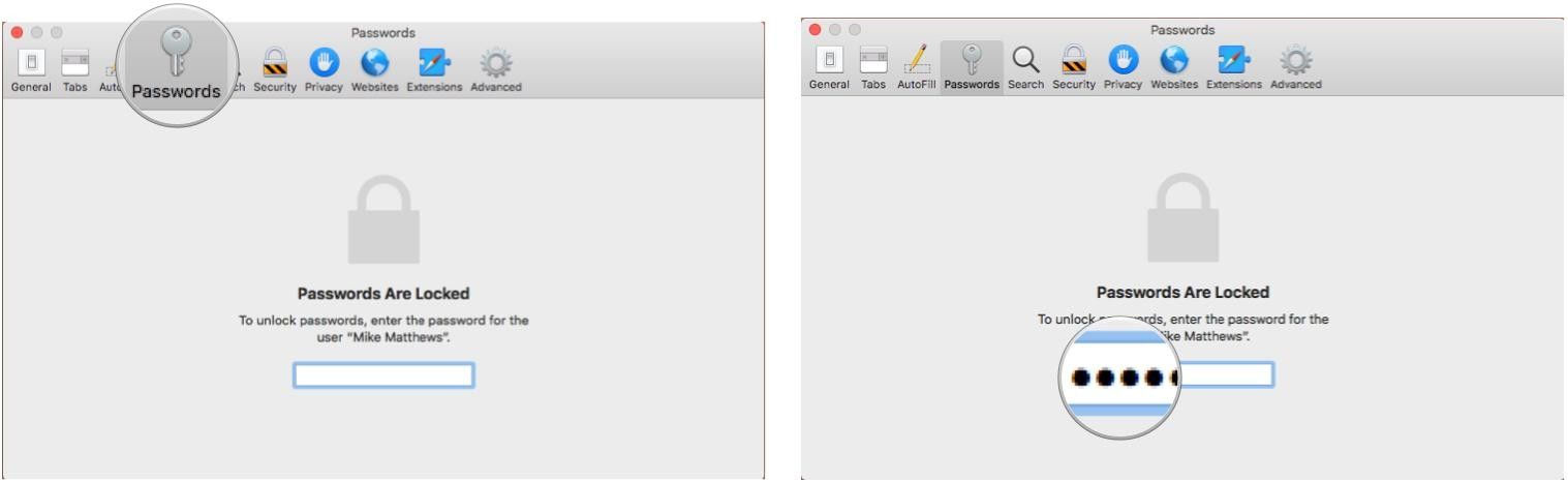 Нажмите «Пароли» и введите пароль для вашей учетной записи на вашем Mac