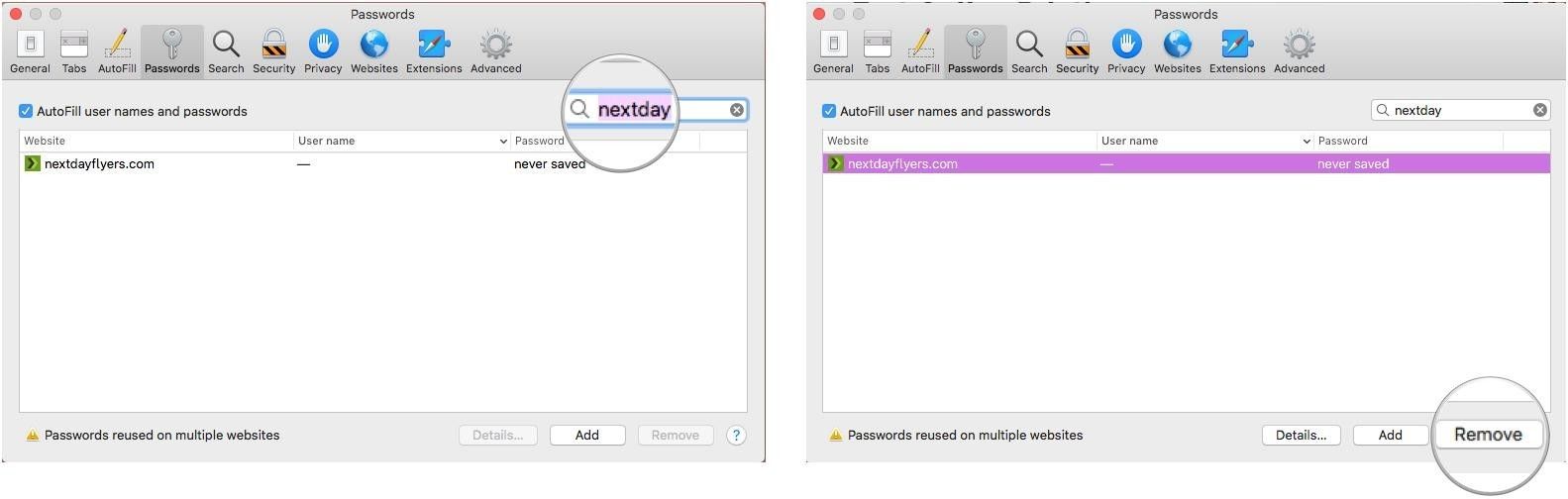 Выберите веб-сайт, для которого вы хотите хранить пароли, и нажмите «Удалить».
