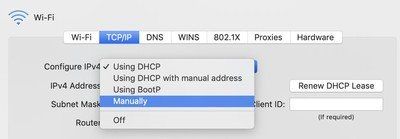 Выберите настройку IPv4 вручную, чтобы установить статический IP-адрес прямо на вашем Mac.