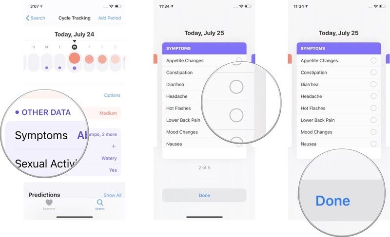 Нажмите &laquo;Симптомы&raquo;, затем выберите соответствующие симптомы, затем нажмите &laquo;Готово&raquo;.
