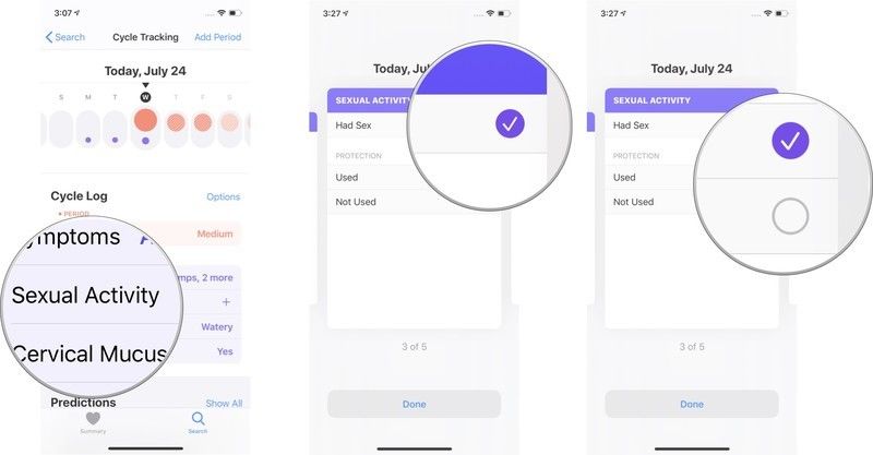 Нажмите &laquo;Сексуальная активность&raquo;, затем нажмите &laquo;Был секс&raquo;, затем нажмите &laquo;Используется&raquo; или &laquo;Не используется&raquo; для защиты