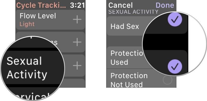 Нажмите &laquo;Сексуальная активность&raquo;, затем нажмите &laquo;Был секс&raquo;, затем нажмите &laquo;Используется&raquo; или &laquo;Не используется&raquo; для защиты