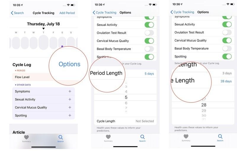 Нажмите &laquo;Параметры&raquo;, затем нажмите &laquo;Продолжительность периода&raquo;, затем нажмите &laquo;Продолжительность цикла&raquo;