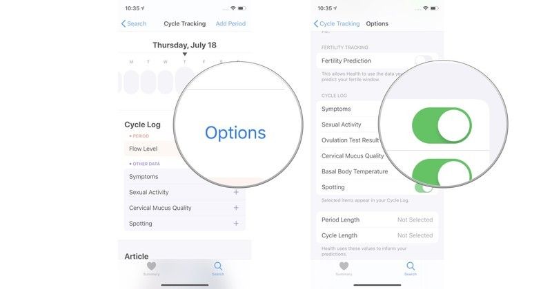 Нажмите &laquo;Параметры&raquo;, затем включите &laquo;Признаки&raquo;