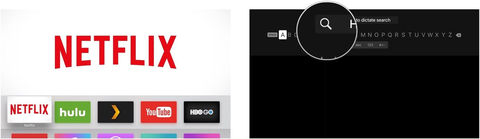 Перейдите к панели поиска в Apple TV