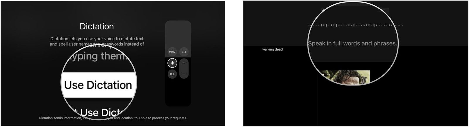 Включение диктовки в Apple TV