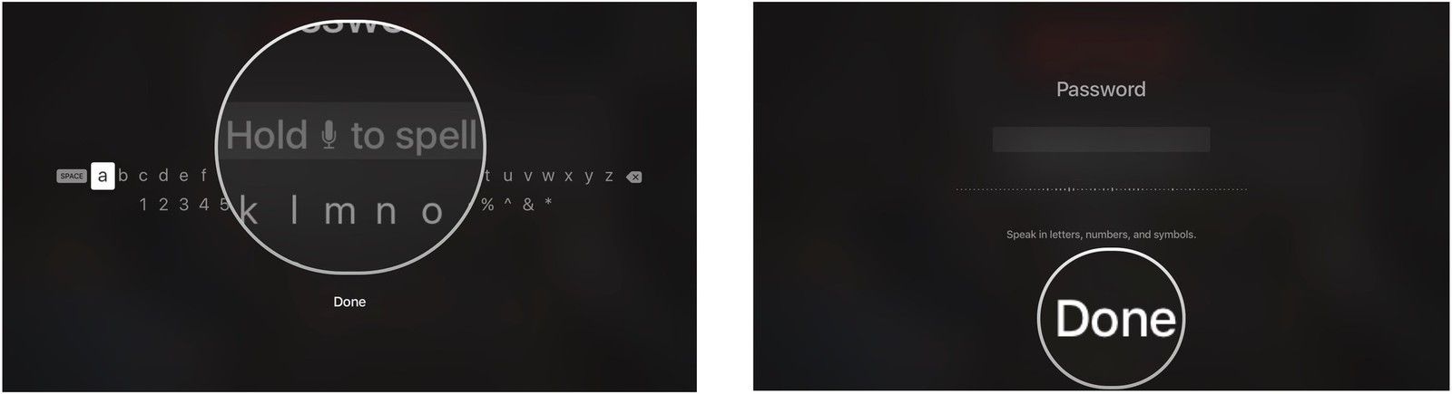 Использование диктовки для написания паролей в Apple TV