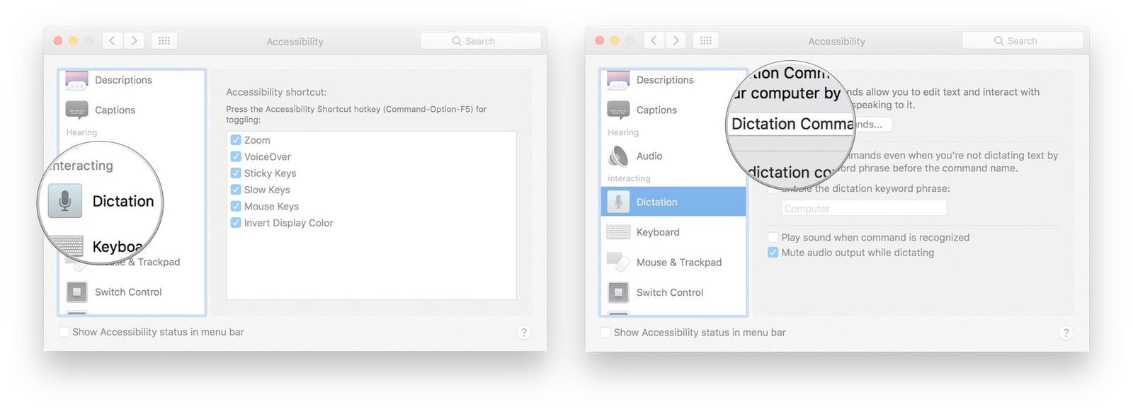 Нажмите Dictation в меню слева, выберите Dictation Commands