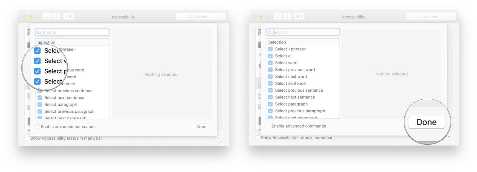 Установите флажок рядом с каждой командой диктовки, которую вы хотите включить или отключить, нажмите Готово