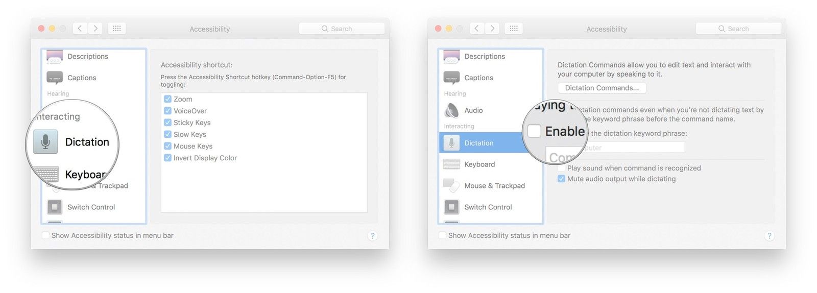 Нажмите «Диктовка» в меню слева, установите флажок «Включить фразу ключевого слова для диктовки», введите фразу ключевого слова, если хотите ее изменить.