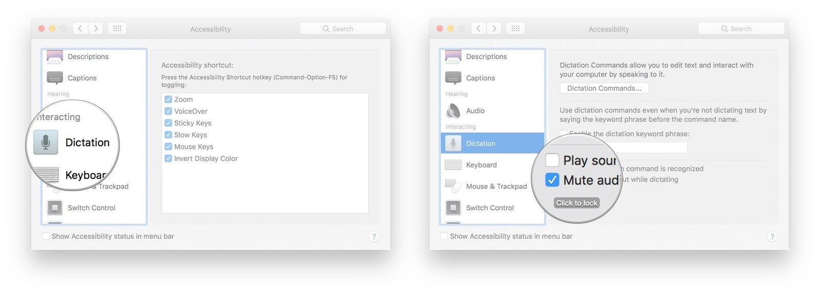 Нажмите «Диктовка» в меню слева, установите флажок «Выключить звук» во время диктовки.