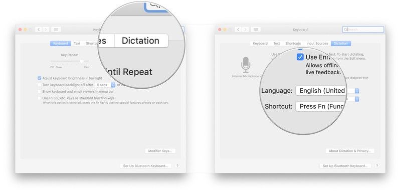 Нажмите Диктовка, нажмите раскрывающийся список
