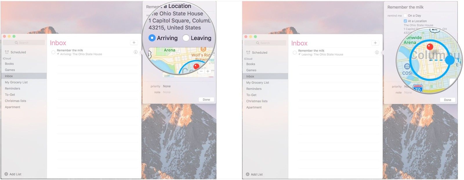 Выберите Прибытие или Уход, радиус сопротивления