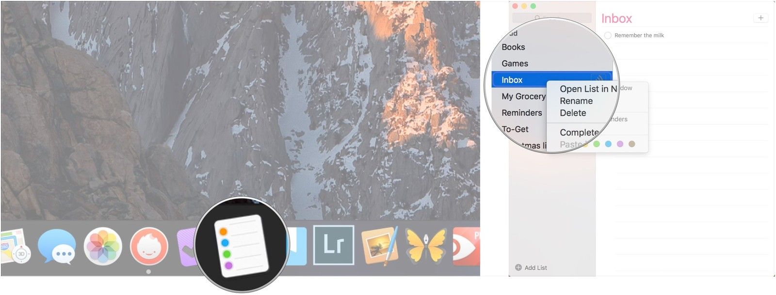 Открыть напоминания, щелкнуть правой кнопкой мыши список
