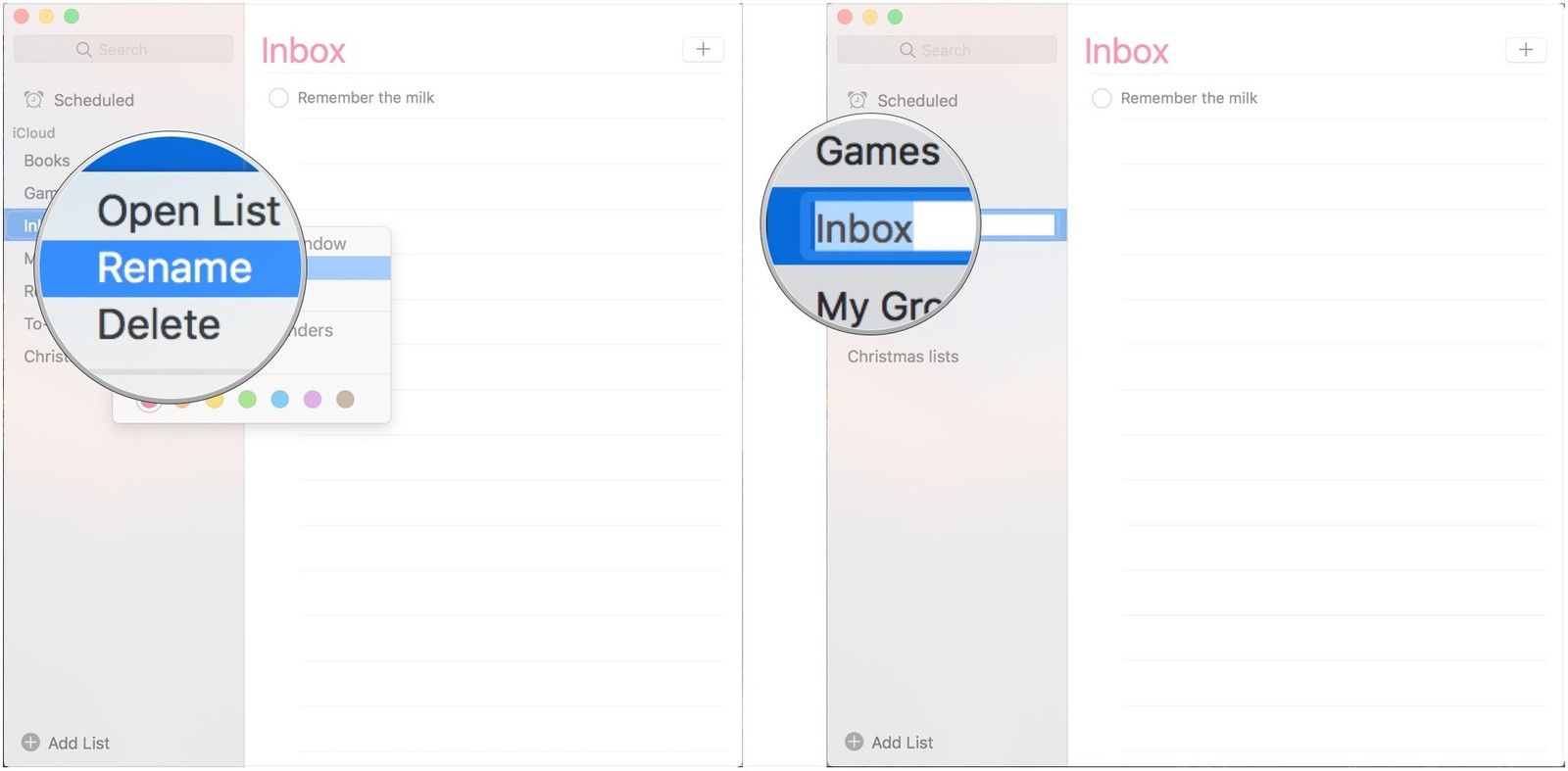 Нажмите Переименовать, введите список's new name