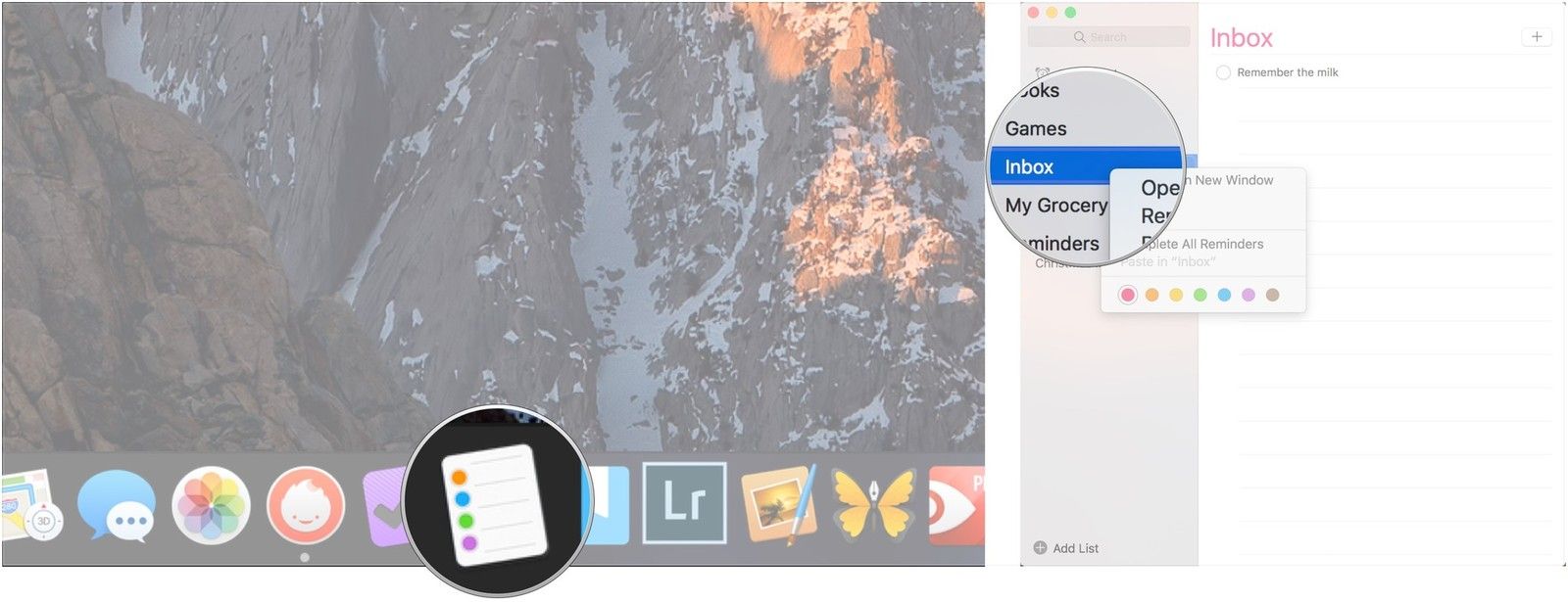 Откройте напоминания, щелкните правой кнопкой мыши на списке