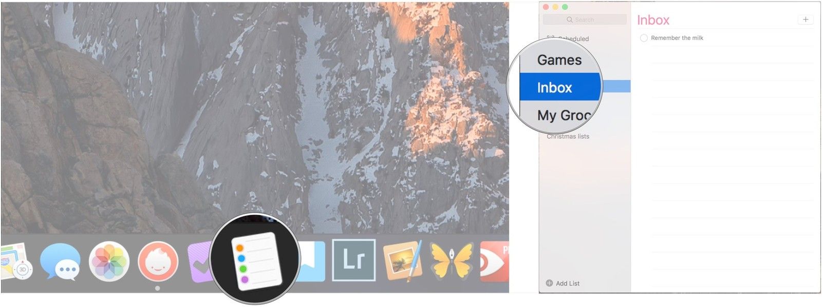 Открыть напоминания, нажмите на список