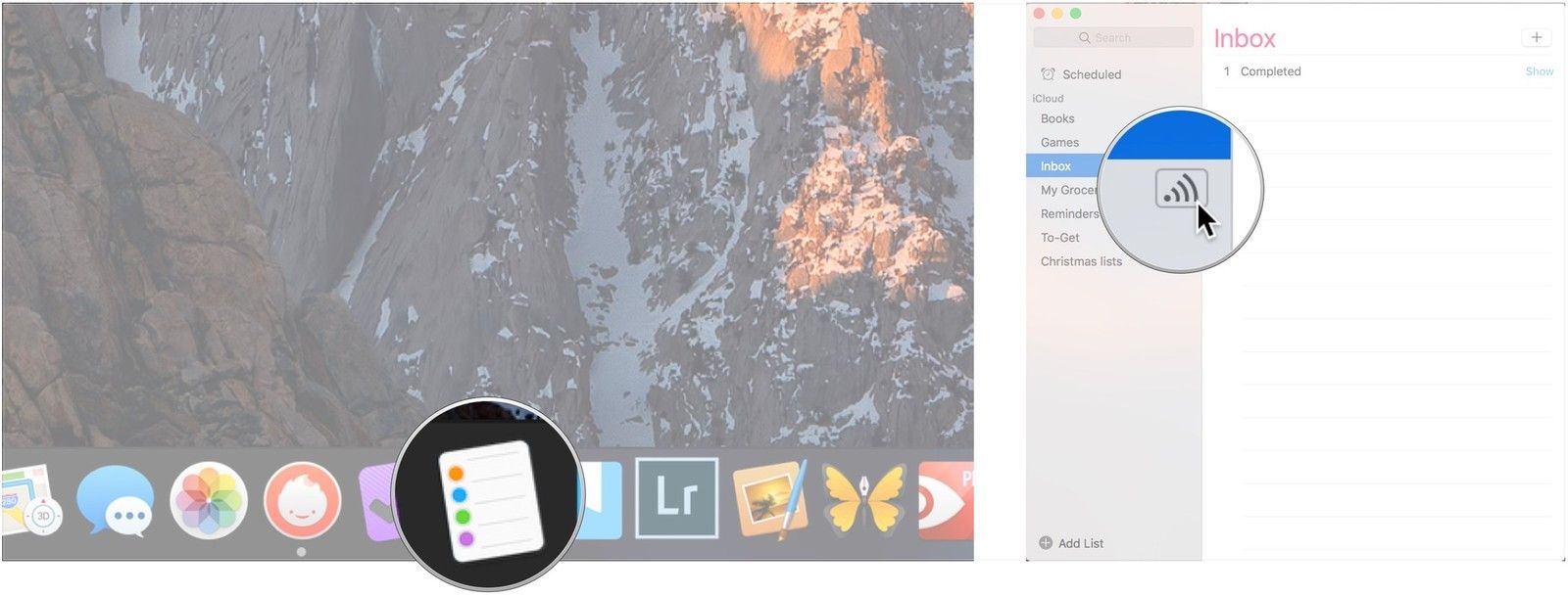 Откройте напоминания, нажмите кнопку Поделиться