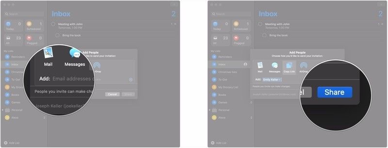 Введите имя, адрес электронной почты или номер телефона, нажмите «Поделиться»