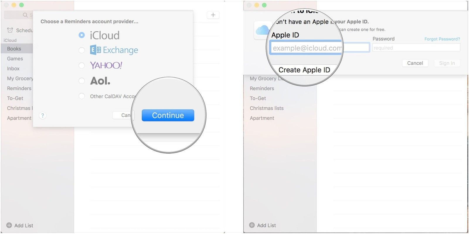 Нажмите Продолжить, введите учетные данные
