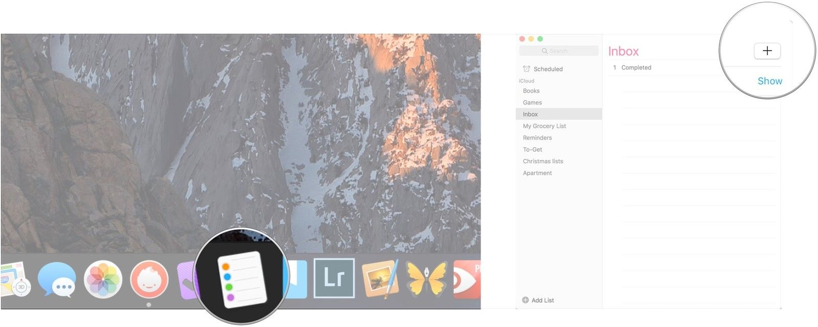 Откройте напоминания, нажмите +