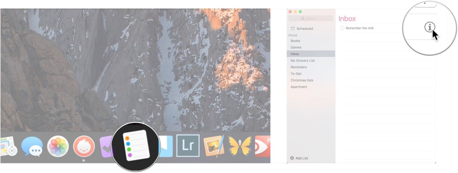 Откройте напоминания, нажмите Информация