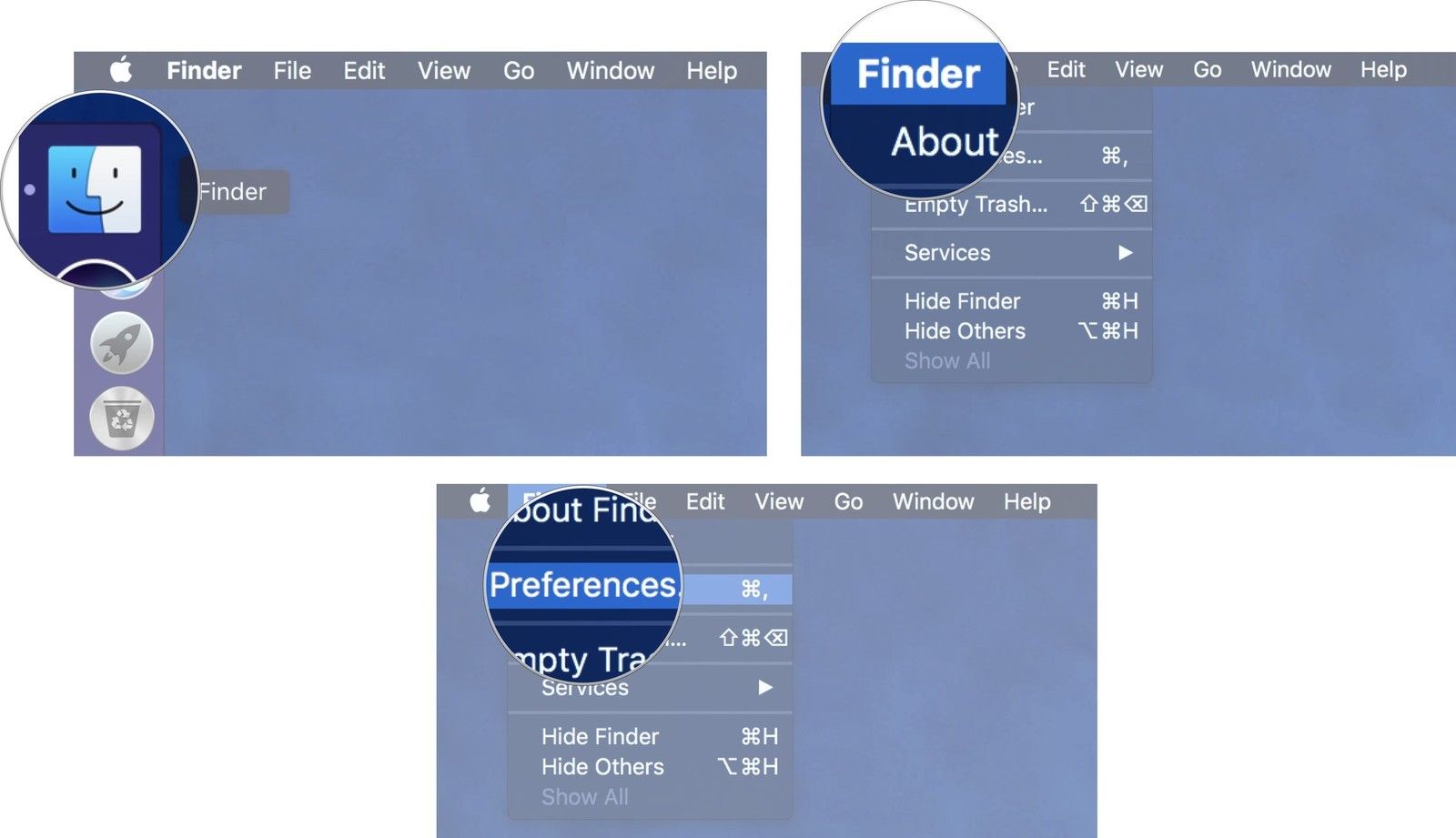 Запустите Finder, затем нажмите «Настройки»,