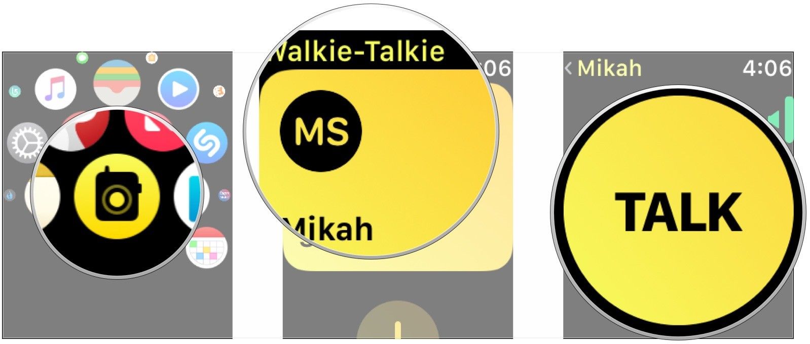 Откройте Walkie-Talkie, нажмите контакт, нажмите и удерживайте Talk