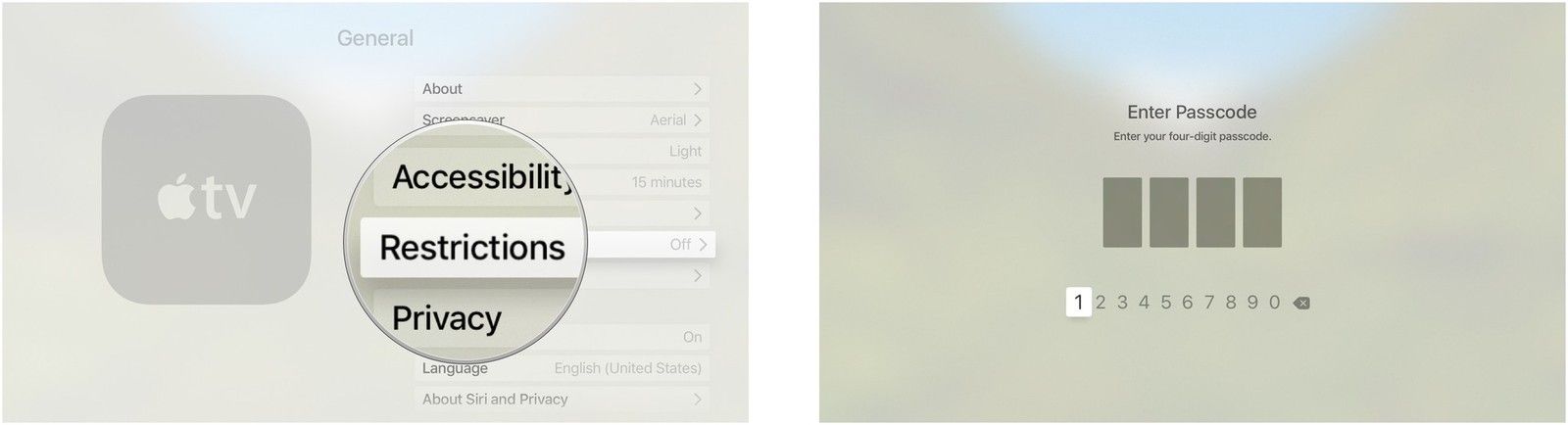 Выберите Ограничения, а затем введите свой четырехзначный код доступа.