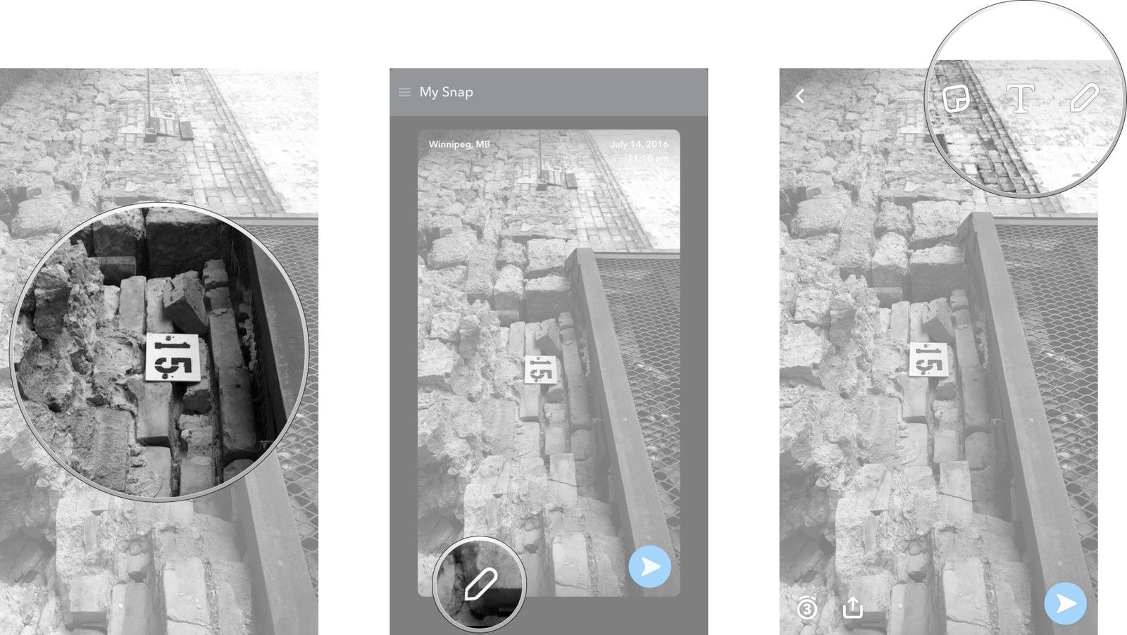 Нажмите и удерживайте фотографию и нажмите маленький белый карандаш в нижнем левом углу. Нажмите на наклейки, текст или параметры каракули в верхнем правом углу, чтобы редактировать снимок.