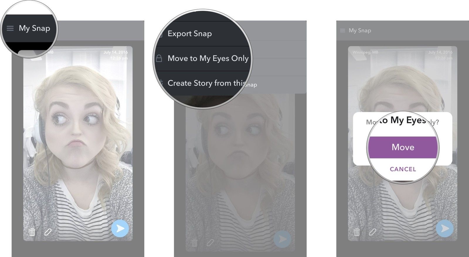 Нажмите на кнопку «Мои снимки» в левом углу, нажмите «только для моих глаз». Когда появится подсказка, нажмите «Переместить».