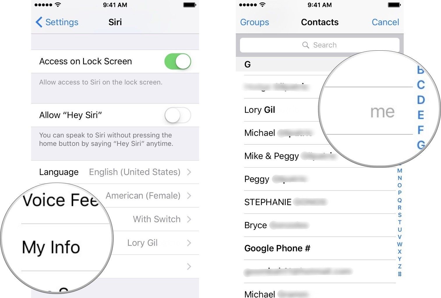 Выбор вашей карты контакта для My Info в настройках Siri