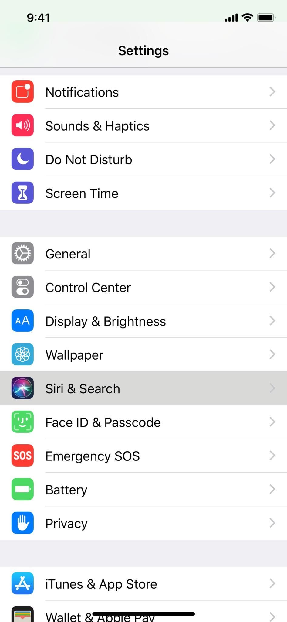 Экран настроек, показывающий, где можно найти ярлыки в разделе Siri & Search