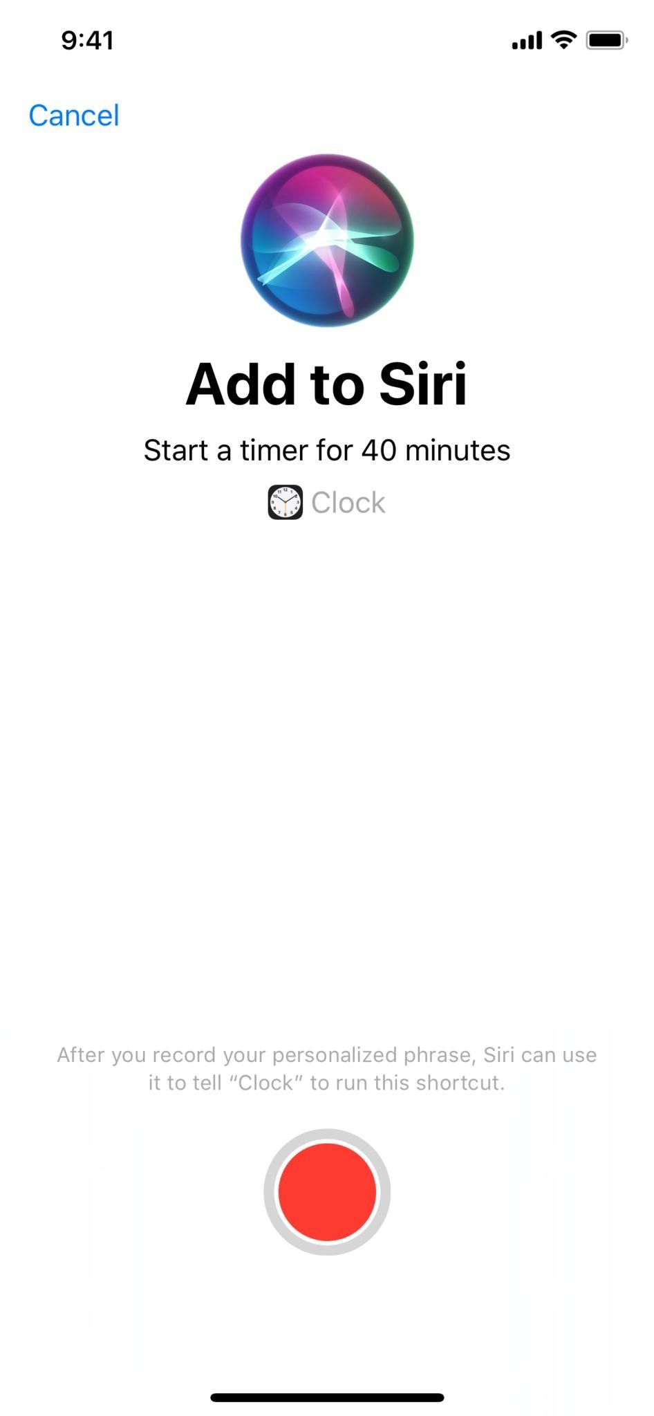 Пример снимка экрана добавления пользовательской голосовой команды для ярлыка на Siri